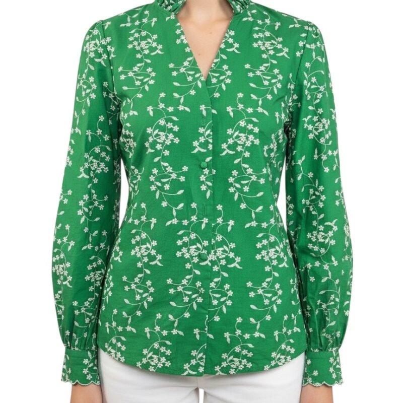 Camisa Verde Bordada Floral Vintage