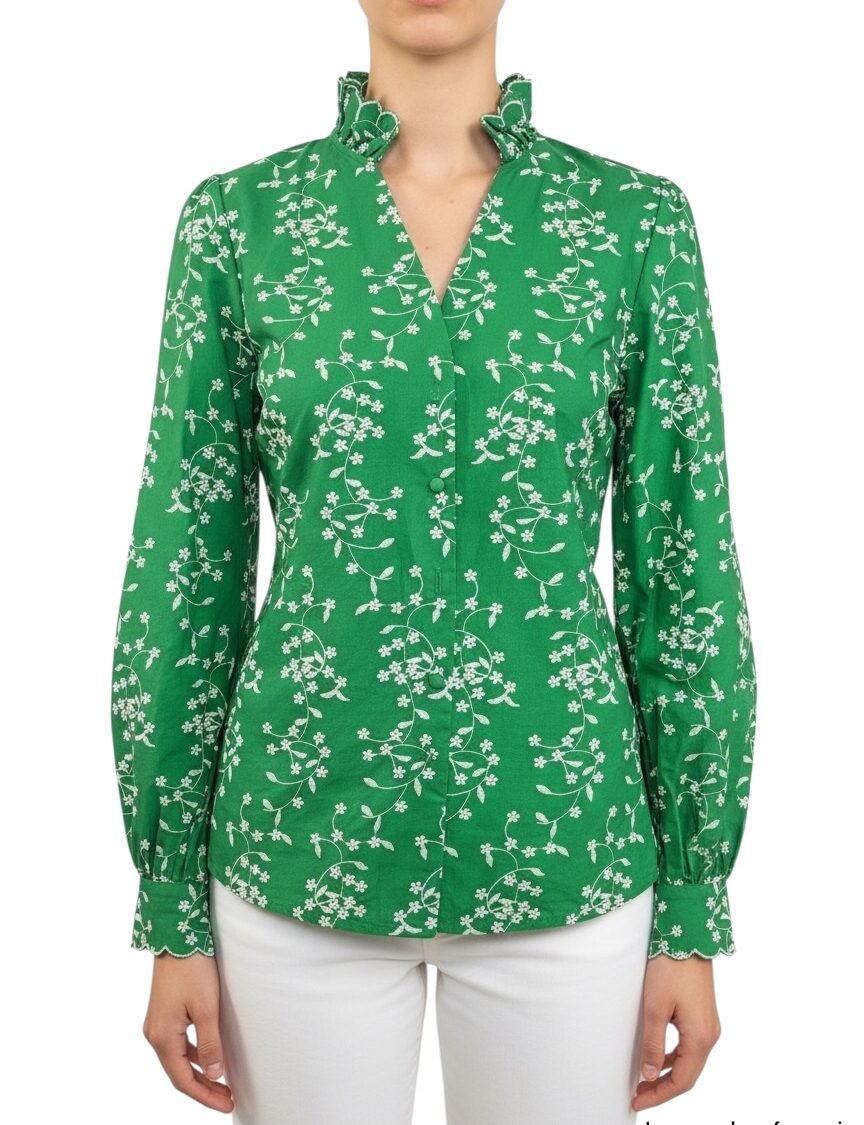 Camisa Verde Bordada Floral Vintage