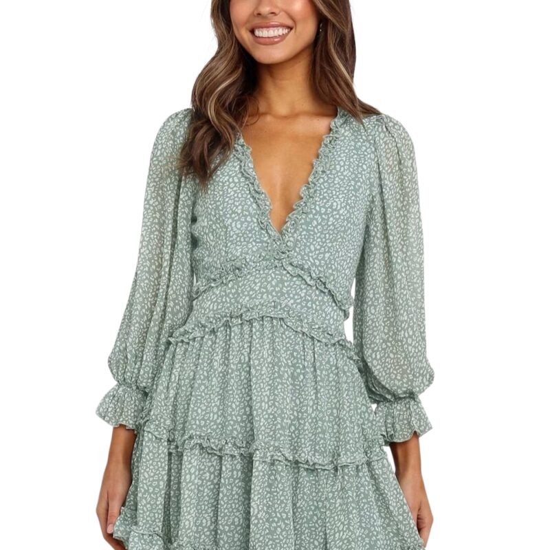 Vestido Verde Estampado con Volantes