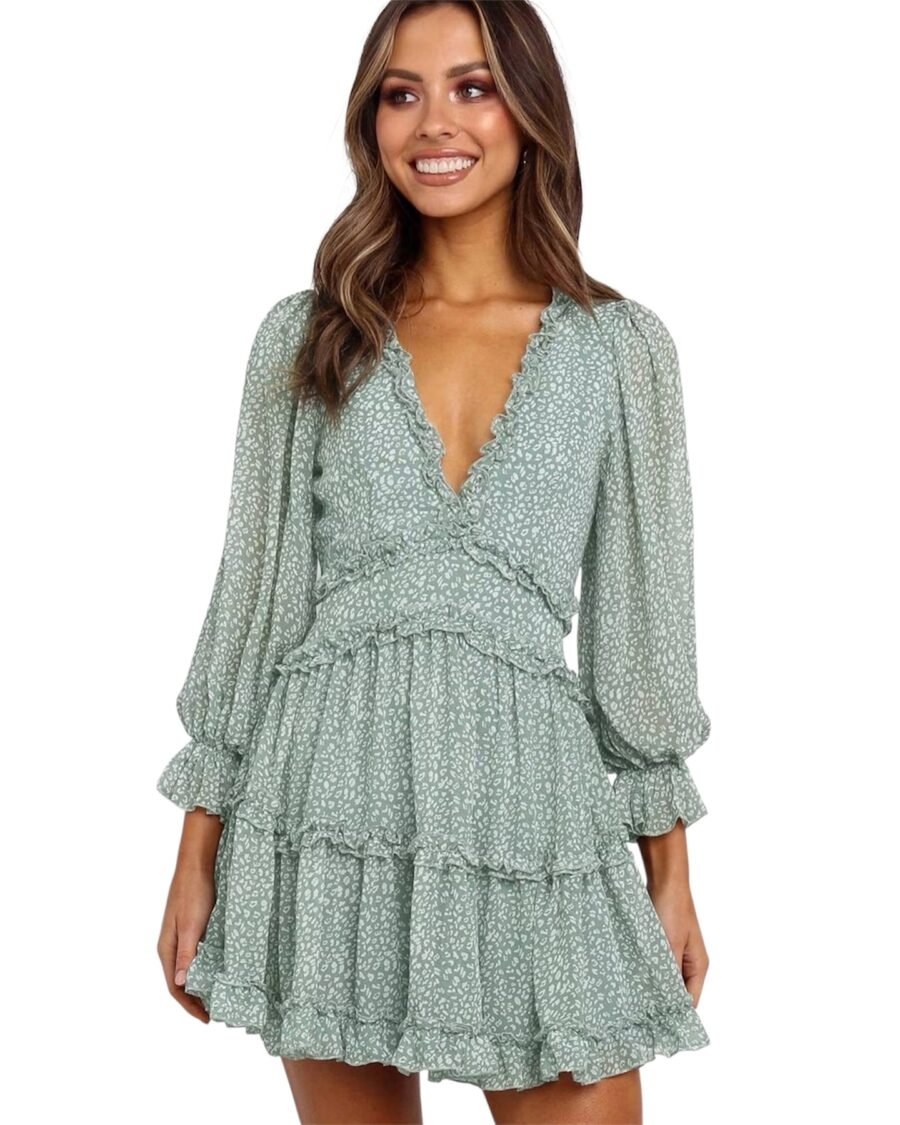Vestido Verde Estampado con Volantes