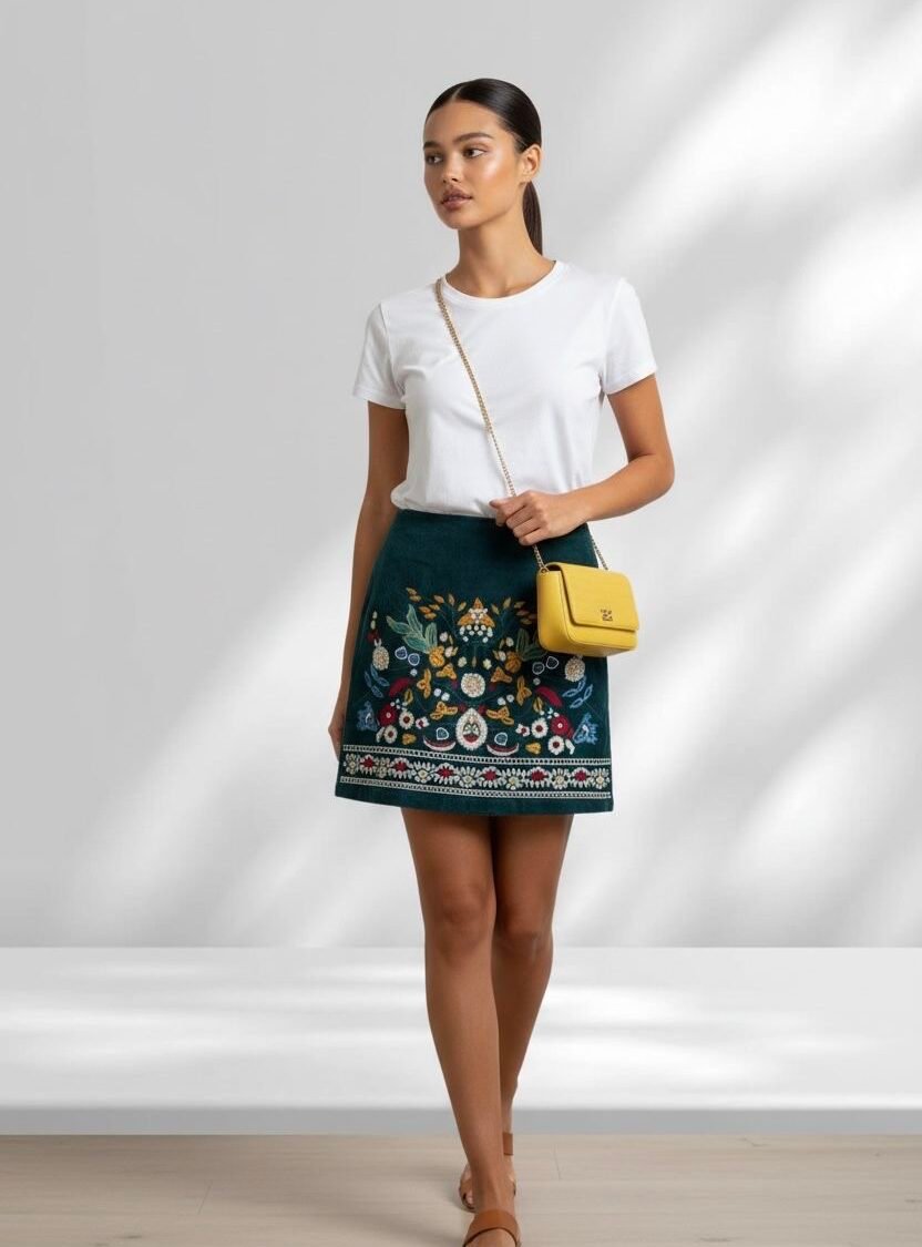 Falda Bordada Floral Verde SIMPLEE